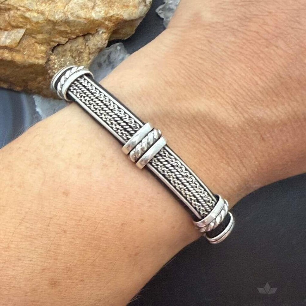 Vintage Braided Sterling Silver Over Black Leather Fashion Bracelet For Women
